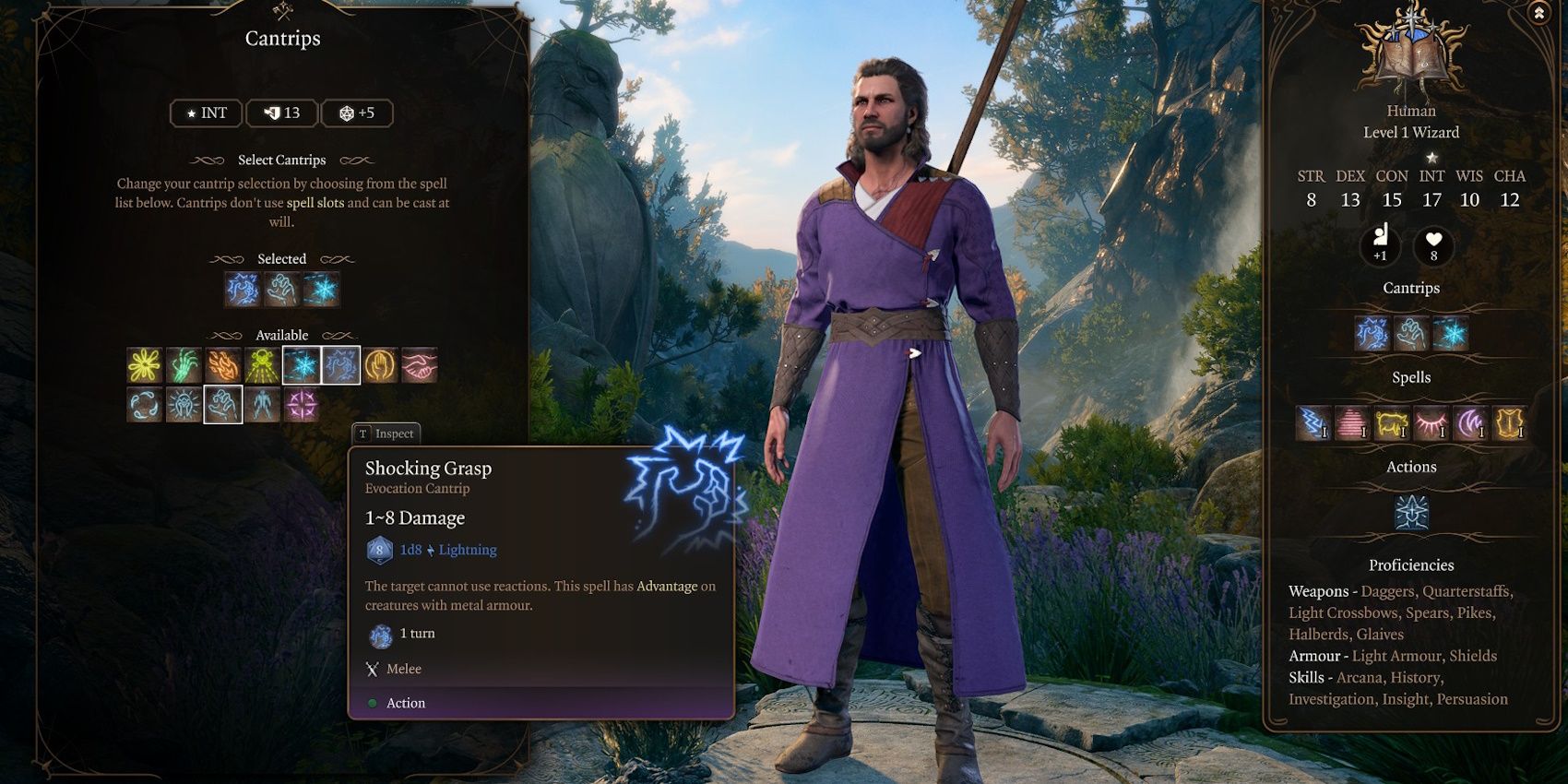 Gale character creation screen with shocking grasp description in Baldur’s Gate 3