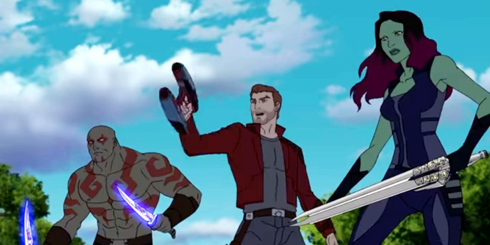 Gamora Star-Lord and Drax During Battle in Guardians of the Galaxy Animated Series