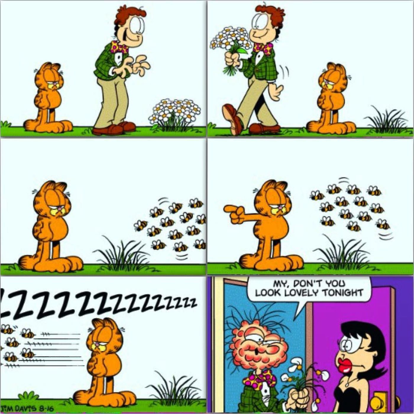 Jon Arbuckle has a date, but he's stung by a swarm of bees on his way there