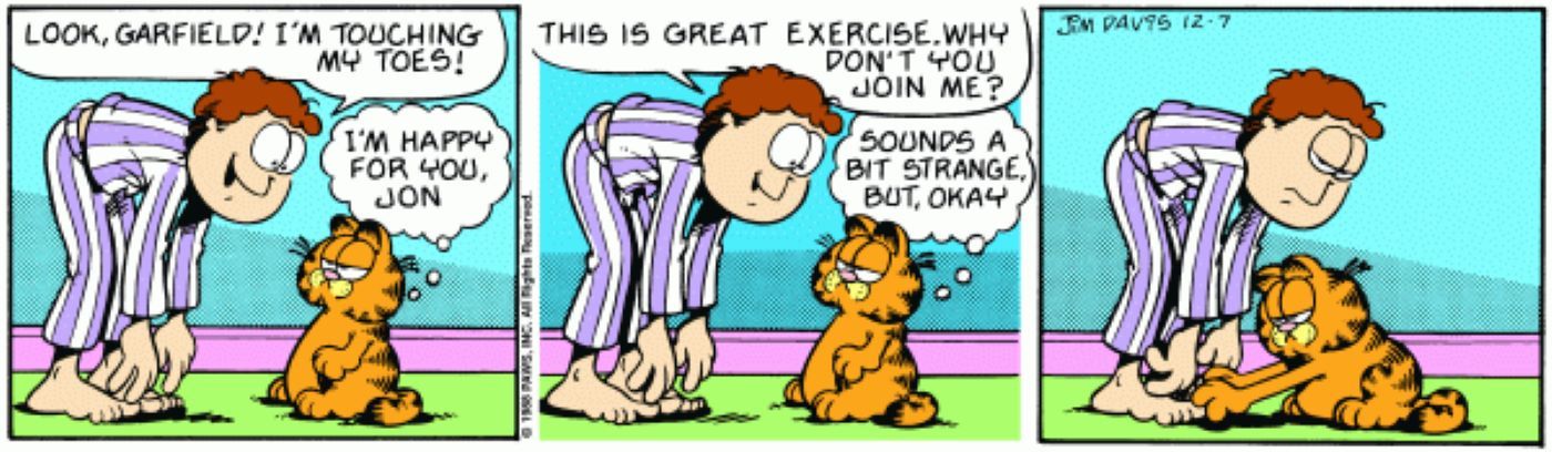 Jon Arbuckle tocando os dedos dos pés;  Garfield toca os dedos dos pés de Jon em vez dos seus
