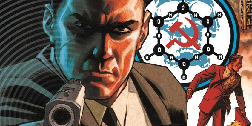 James Bond (left, foreground) pointing his gun at the reader; Bond in front of a Soviet Superweapon (background.)