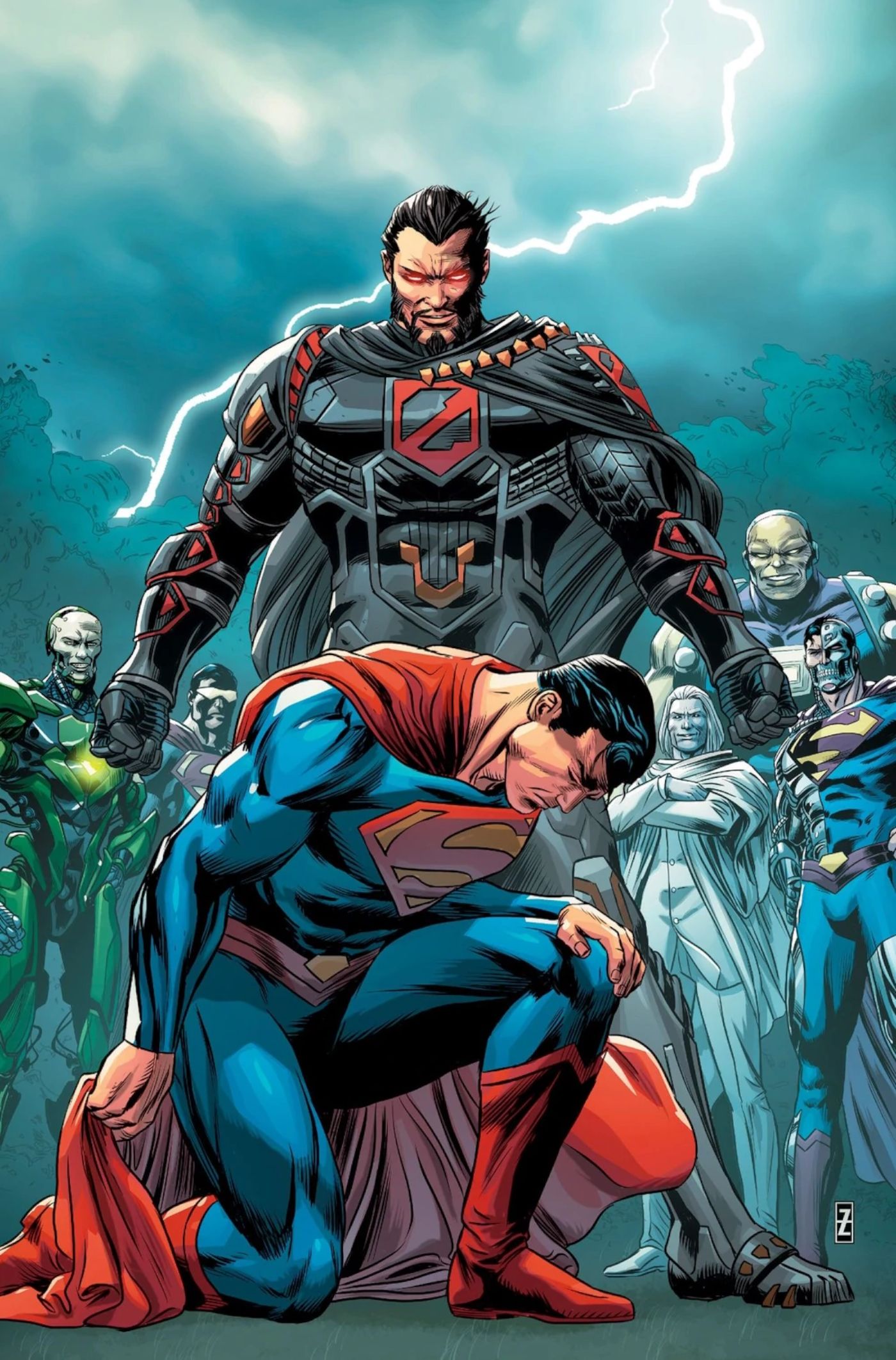 Superman kneeling before Zod