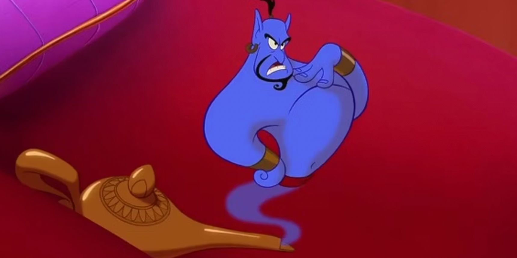 Genie is angry coming out of his lamp in the animated Aladdin