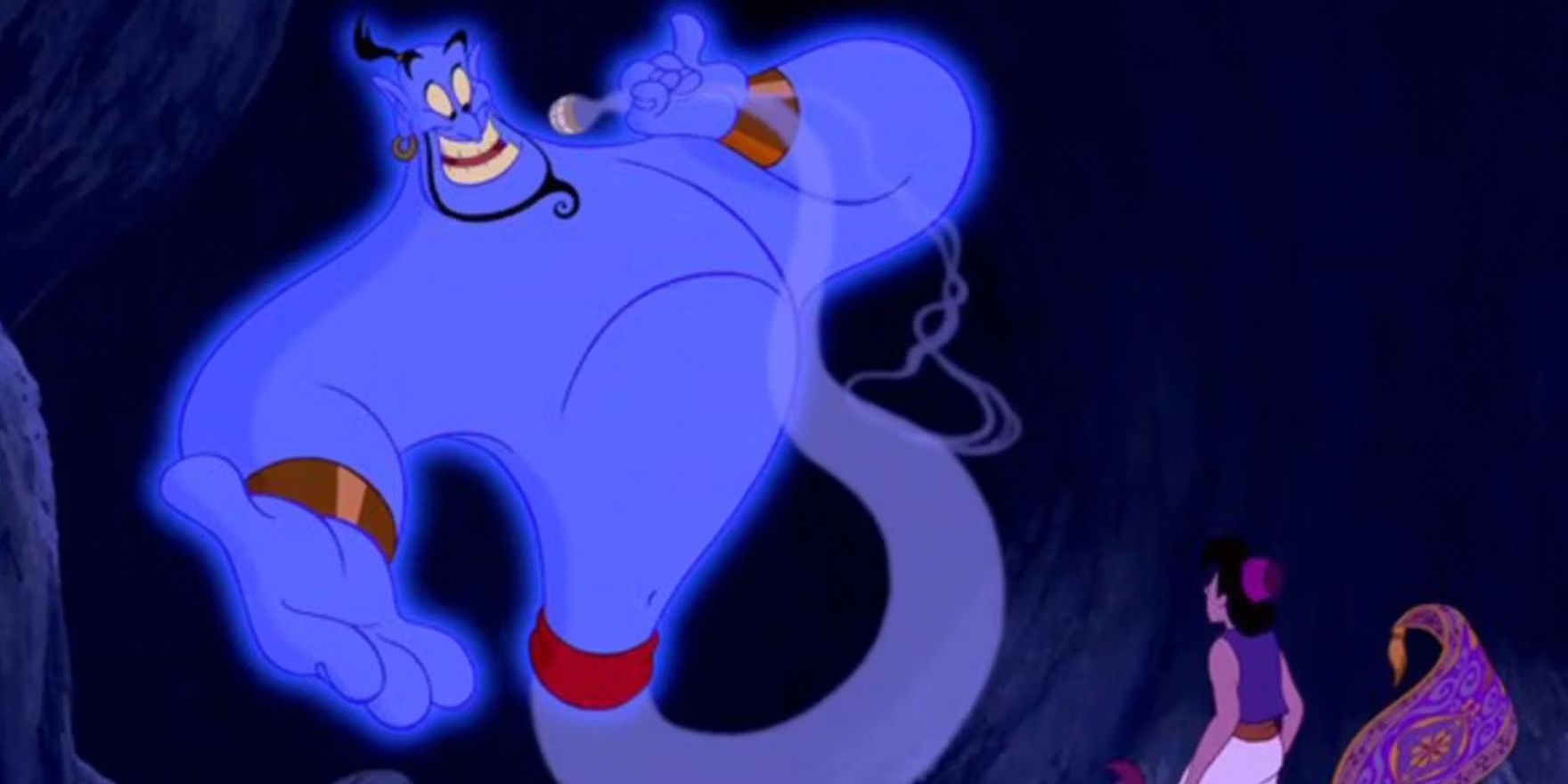 Genie transforming part of himself into a microphone to talk to Aladdin in the animated movie
