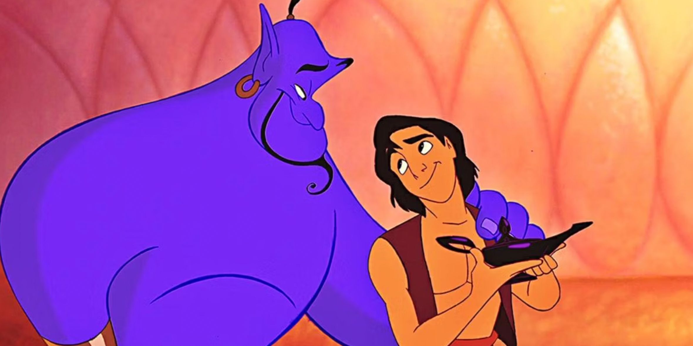 Genie with his arm around Aladdin in the animated movie