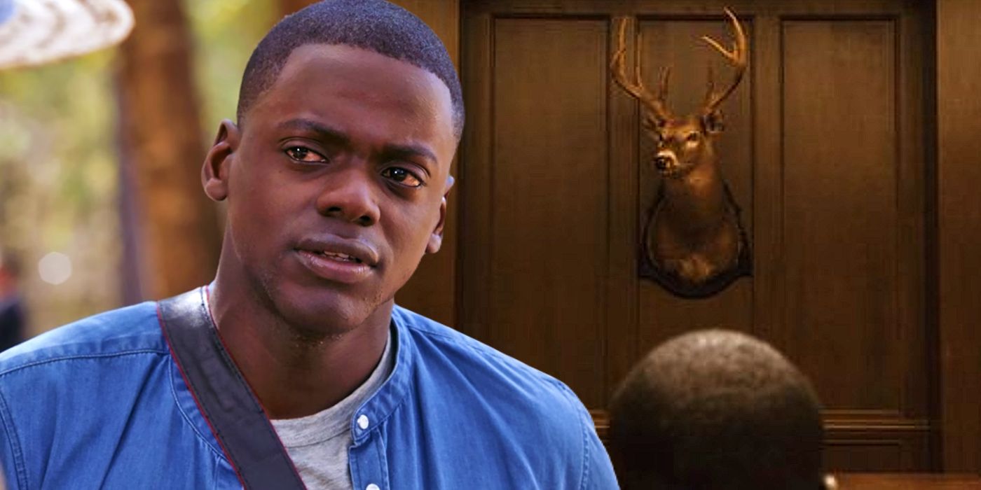 Chris from Get Out next to a mounted buck's head