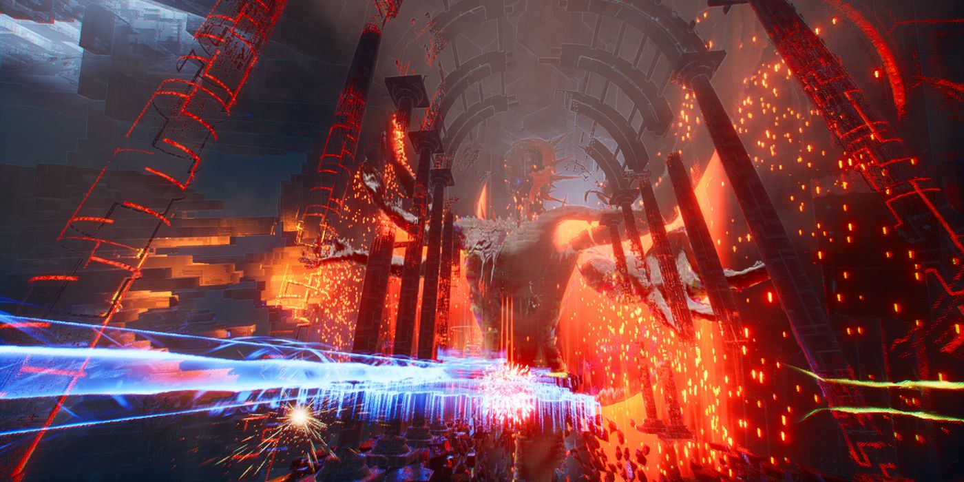 Screenshot from Ghostrunner 2 shows a cyberspace level with a large humanoid boss standing with it&rsquo;s arms raised at the end of a blue pathway with red pillars and sparks surrounding the path.