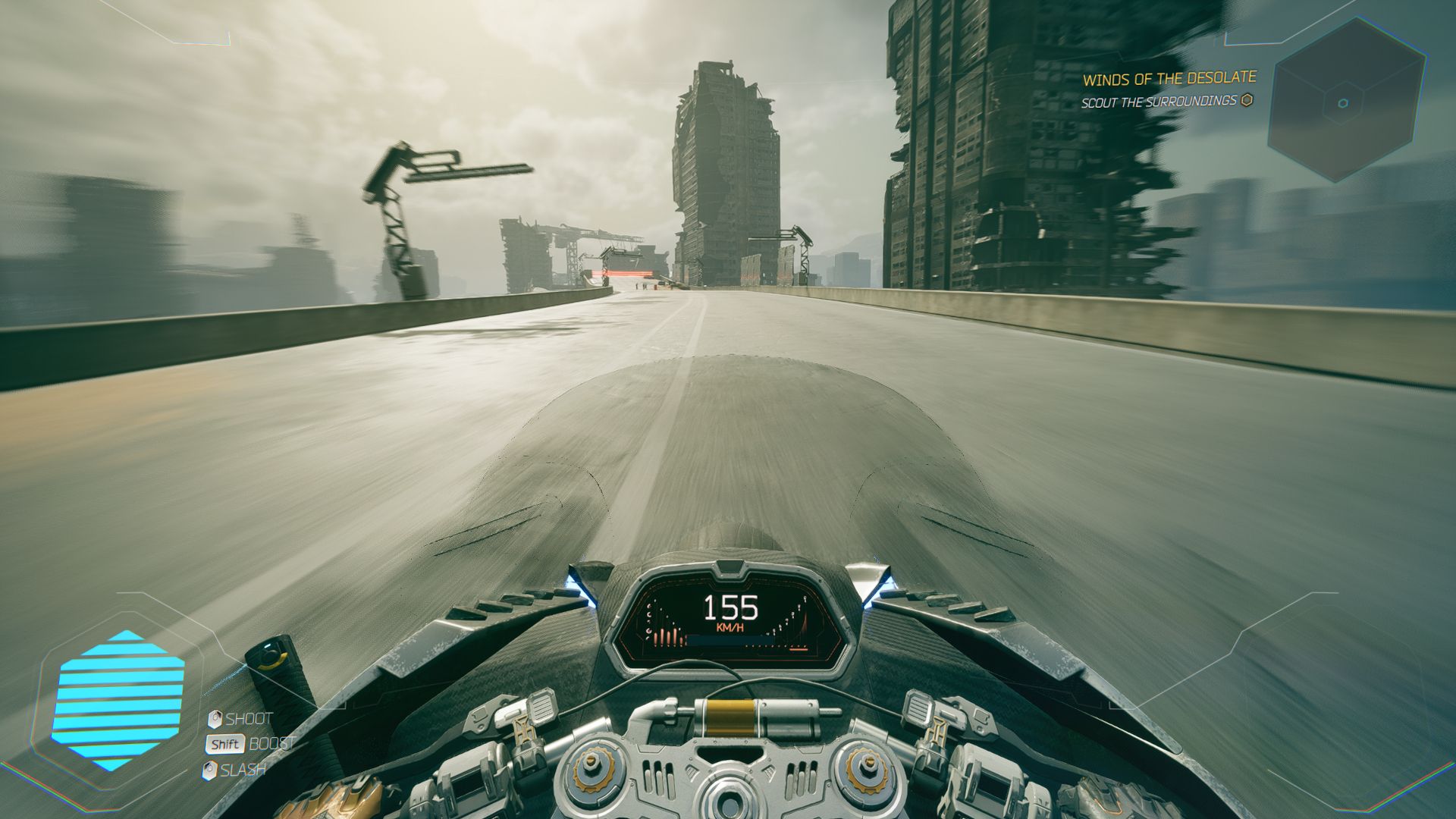 Screenshot from Ghostrunner 2 shows first person view of player on a motorcycle in a brown-tinted wasteland while driving on a concrete overpass. Tall broken buildings are seen ahead.