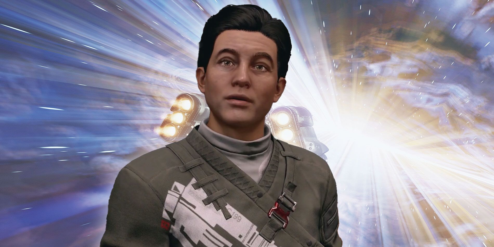 Gideon Aker looking surprised with a spaceship in the background. 