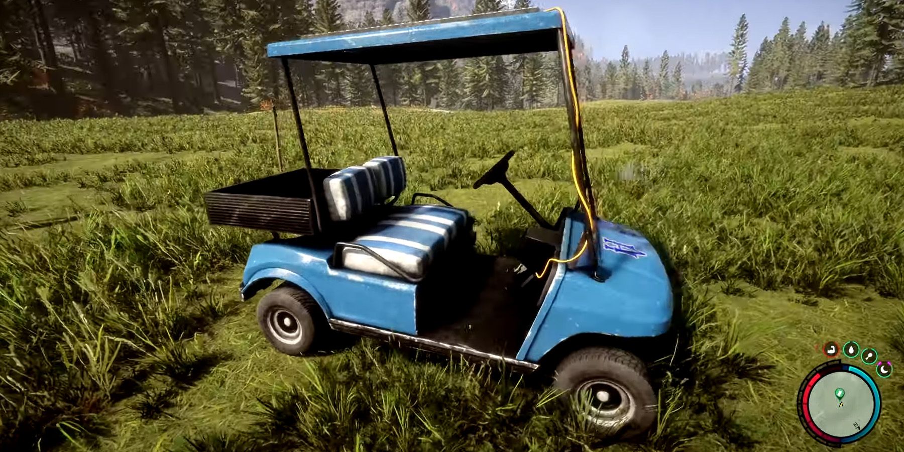 A golf cart sitting in a grassy field in Sons of the Forest