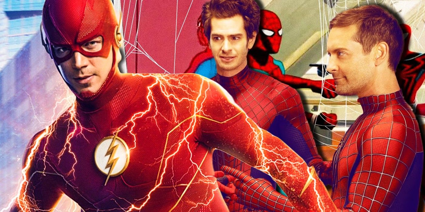 Custom image of Grant Gustin as The Flash and the live-action Spider-Men recreating the Spider-Man pointing meme in front of the meme's animated origin and Spider-Verse recreation.