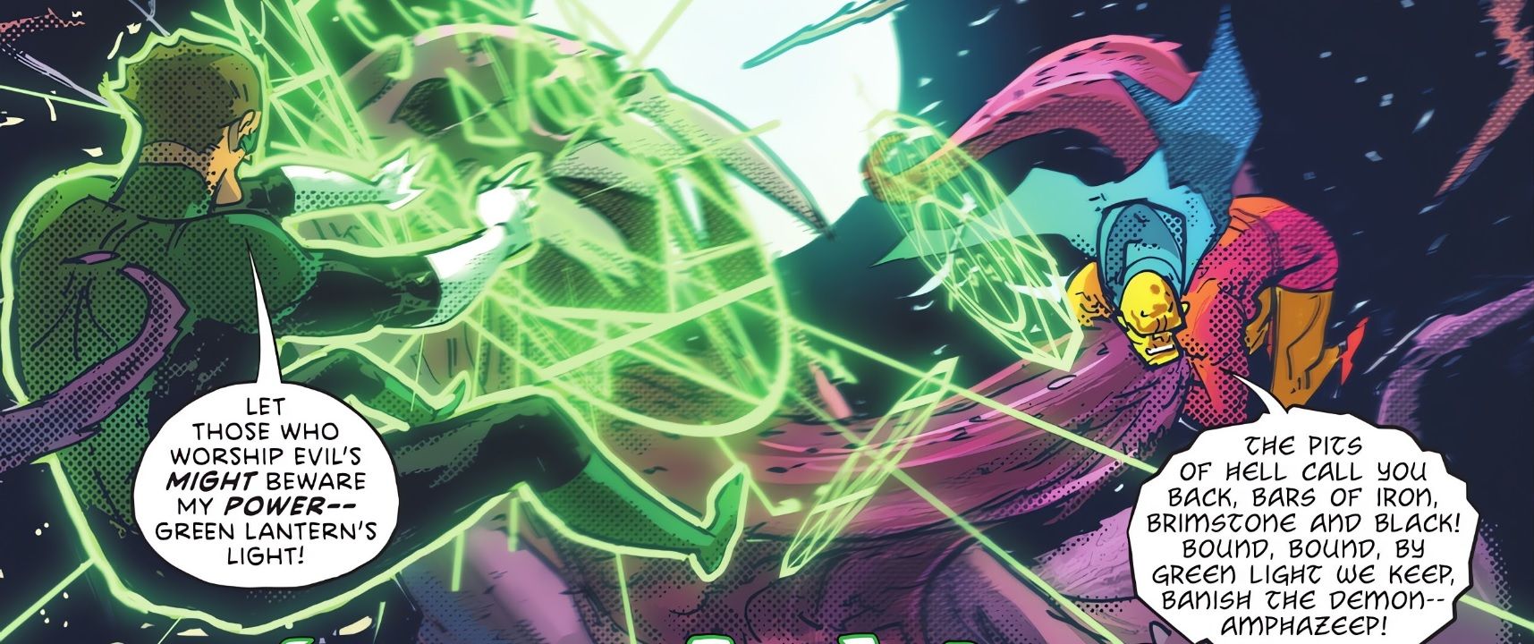 Hal Jordan uses his ring to construct magic sigils to help Etrigan banish a demon.