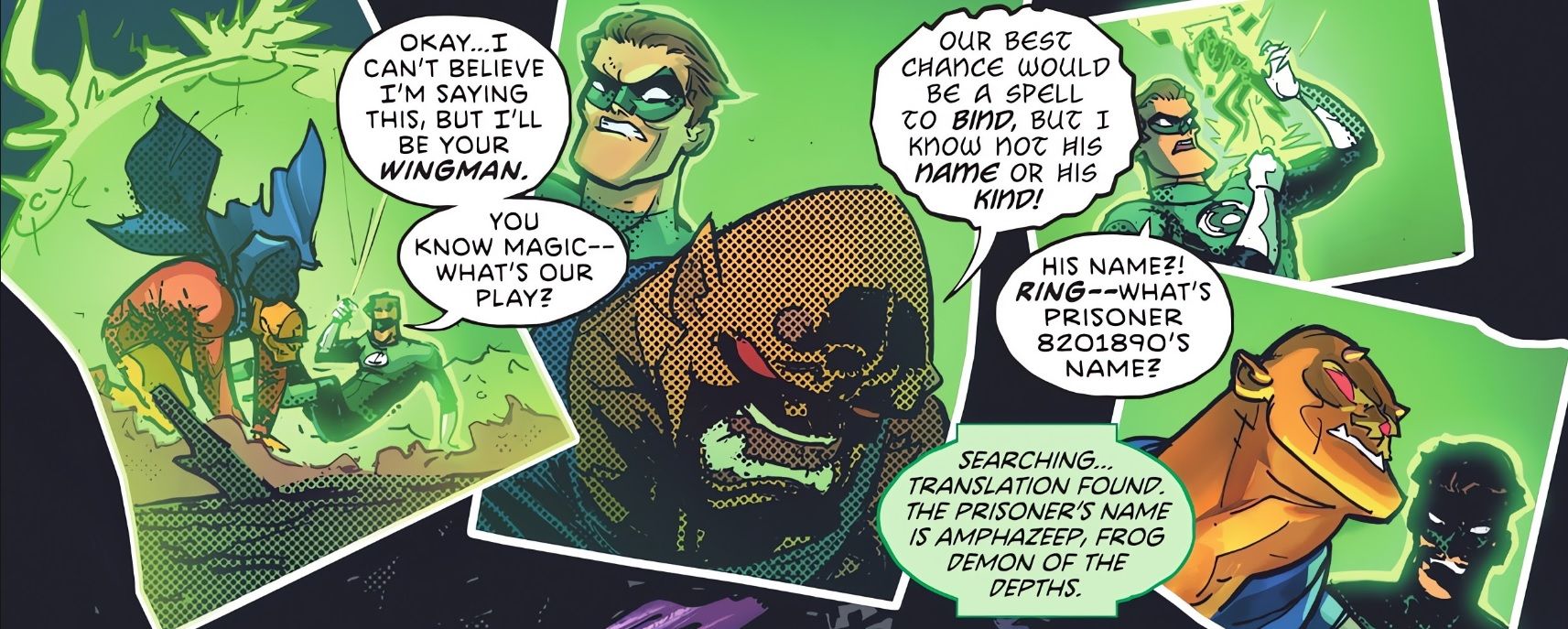 Green Lantern and Etrigan pool their resources to prepare a binding spell against their demonic foe.