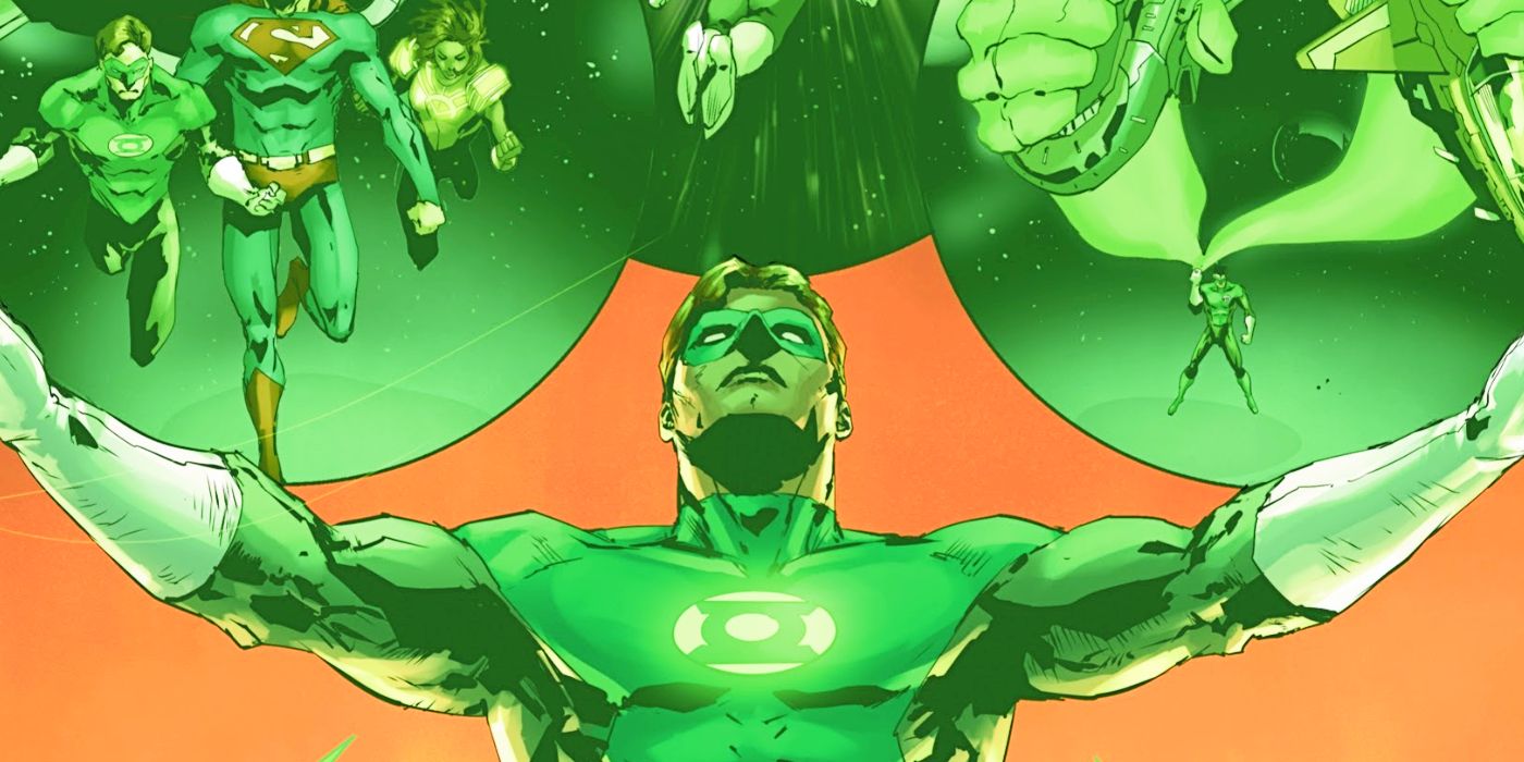 Green Lantern strikes a power pose with his arms oustretched.