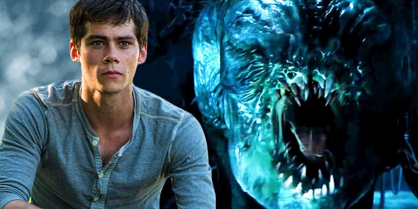 This collage shows a Griever from the Mazer Runner next to Dylan O'Brien as Thomas