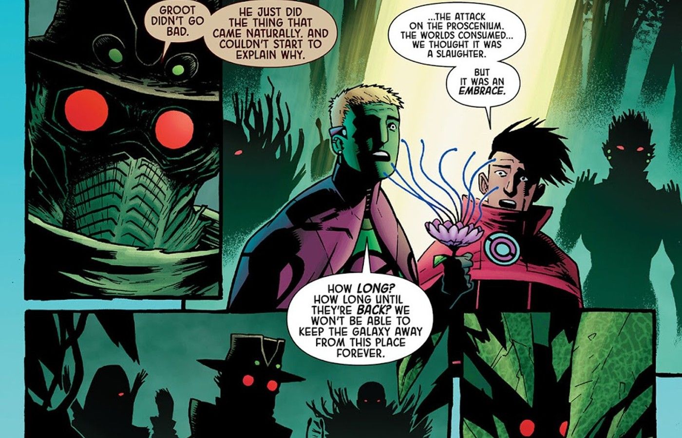 panels from Guardians of the Galaxy #7, Guardians of the Galaxy confirm to Hulkling and Wiccan that Groot is not a villain