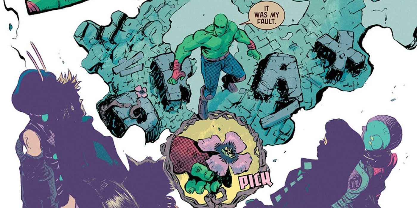Guardians of the Galaxy #6 panels, Drax blames himself for Groot becoming Grootfall