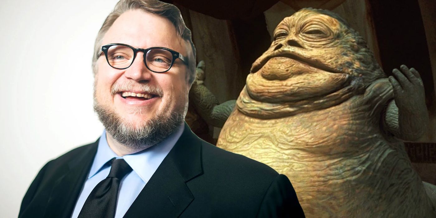 Guillermo del Toro next to Jabba the Hutt from Star Wars