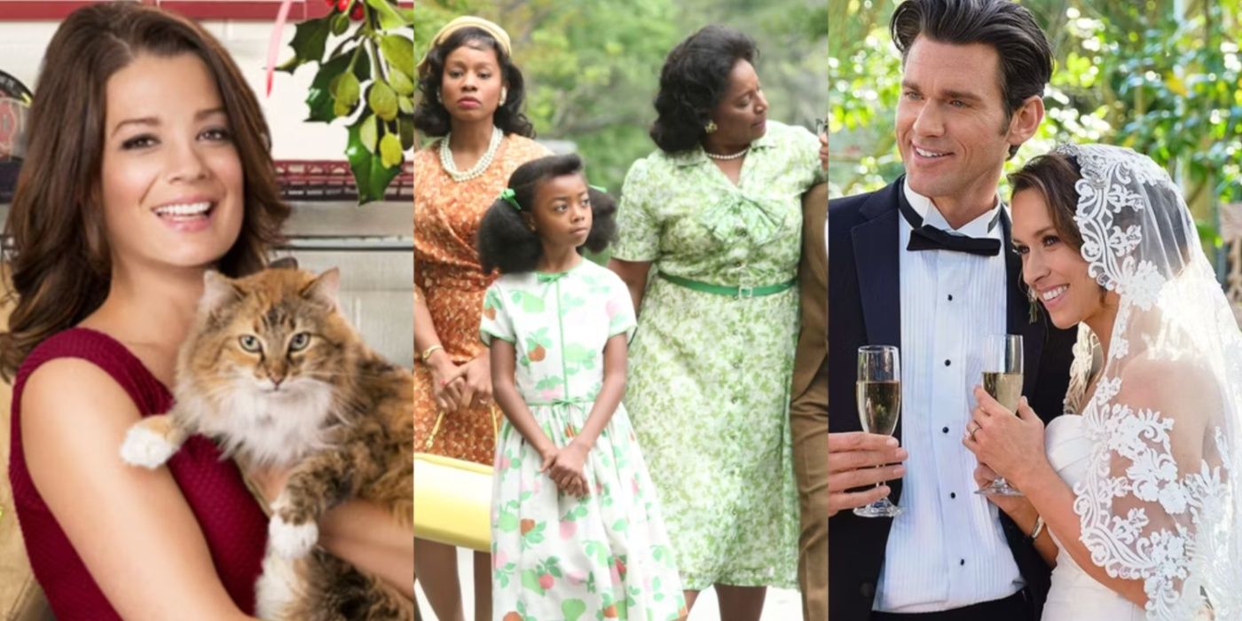 A side by side image features characters from Hallmark movies The Nine Lives Of Christmas, The Watsons Go To Birmingham, and The Wedding Veil