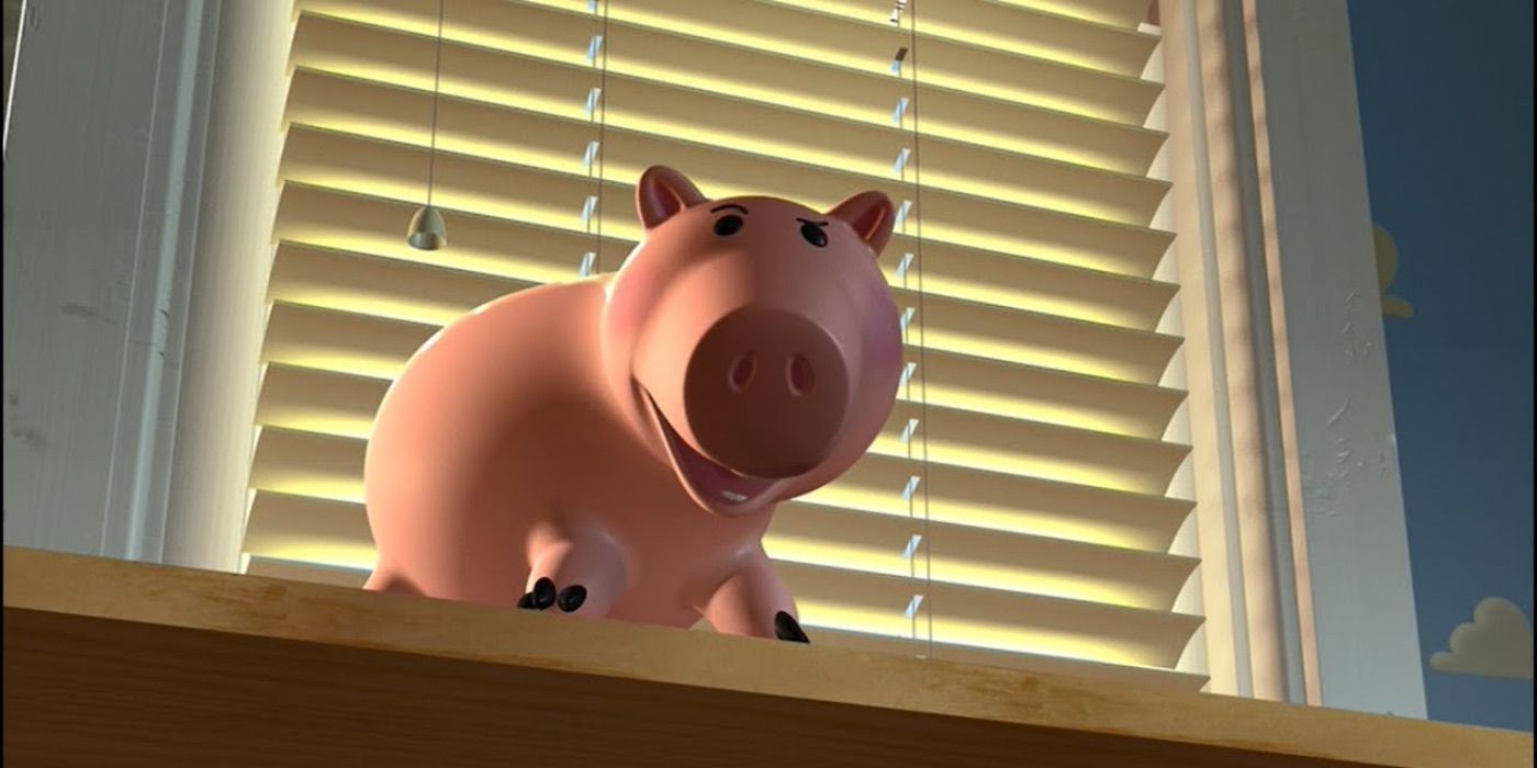 Hamm looking down from a window ledge in Toy Story.