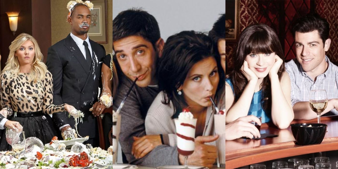 A side by side image features characters from Happy Endings, Friends, and New Girl