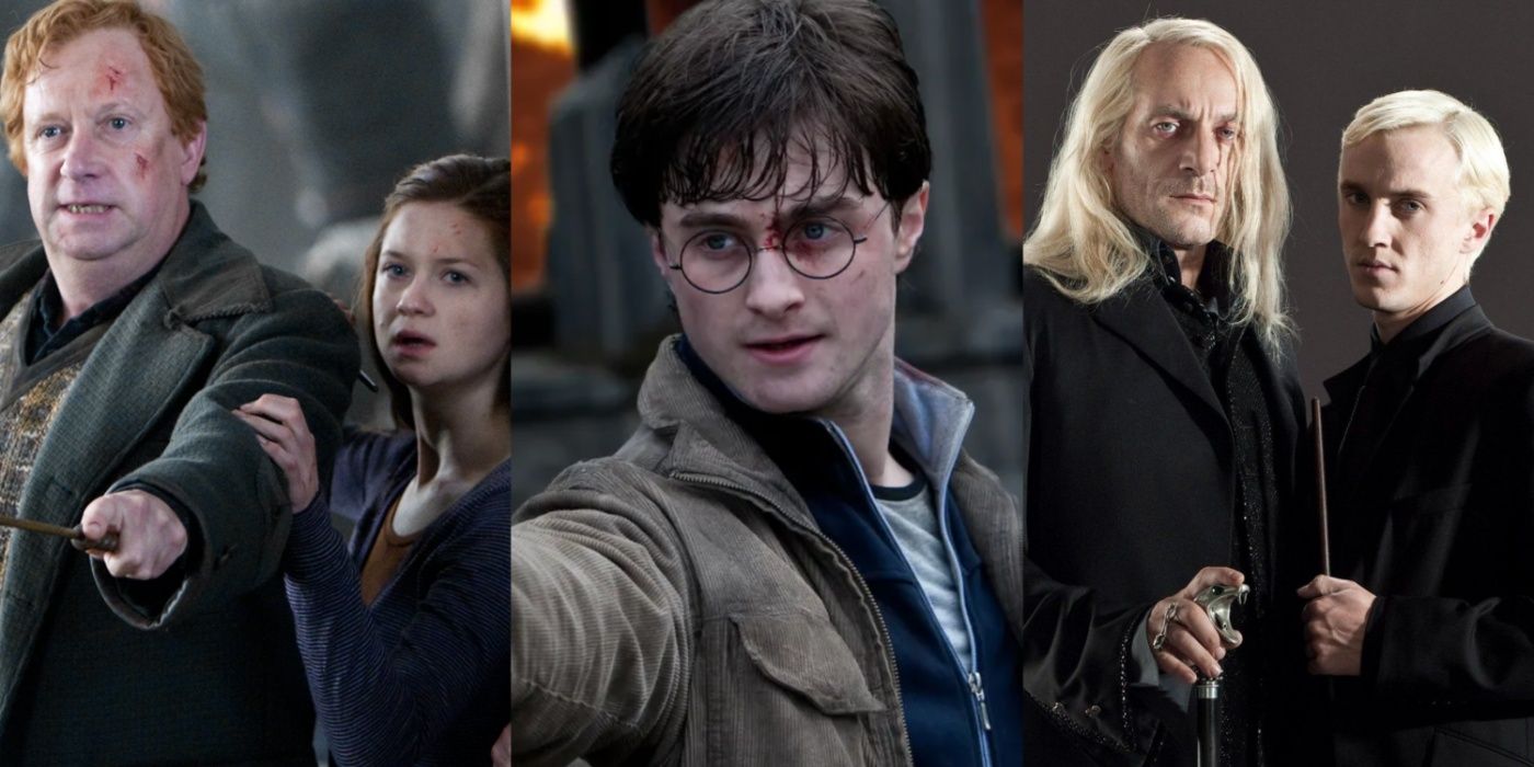 A side by side image features Arthur and Ginny Weasley, Harry Potter, and Lucius and Draco Malfoy