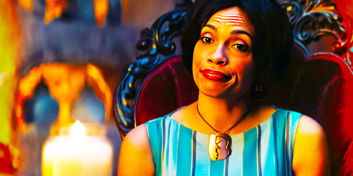 Rosario Dawson in front of a Yankee Candle in Haunted Mansion