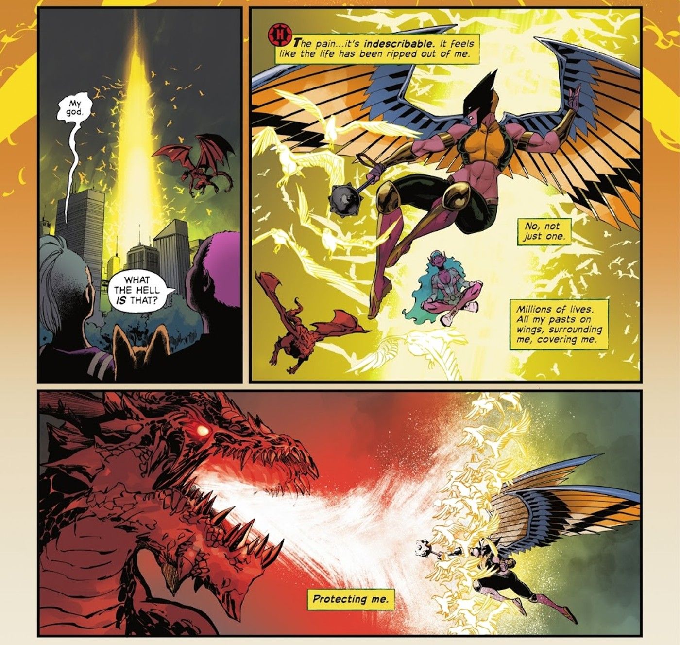 Hawkgirl Demonstrates New Powers while Battling a Dragon