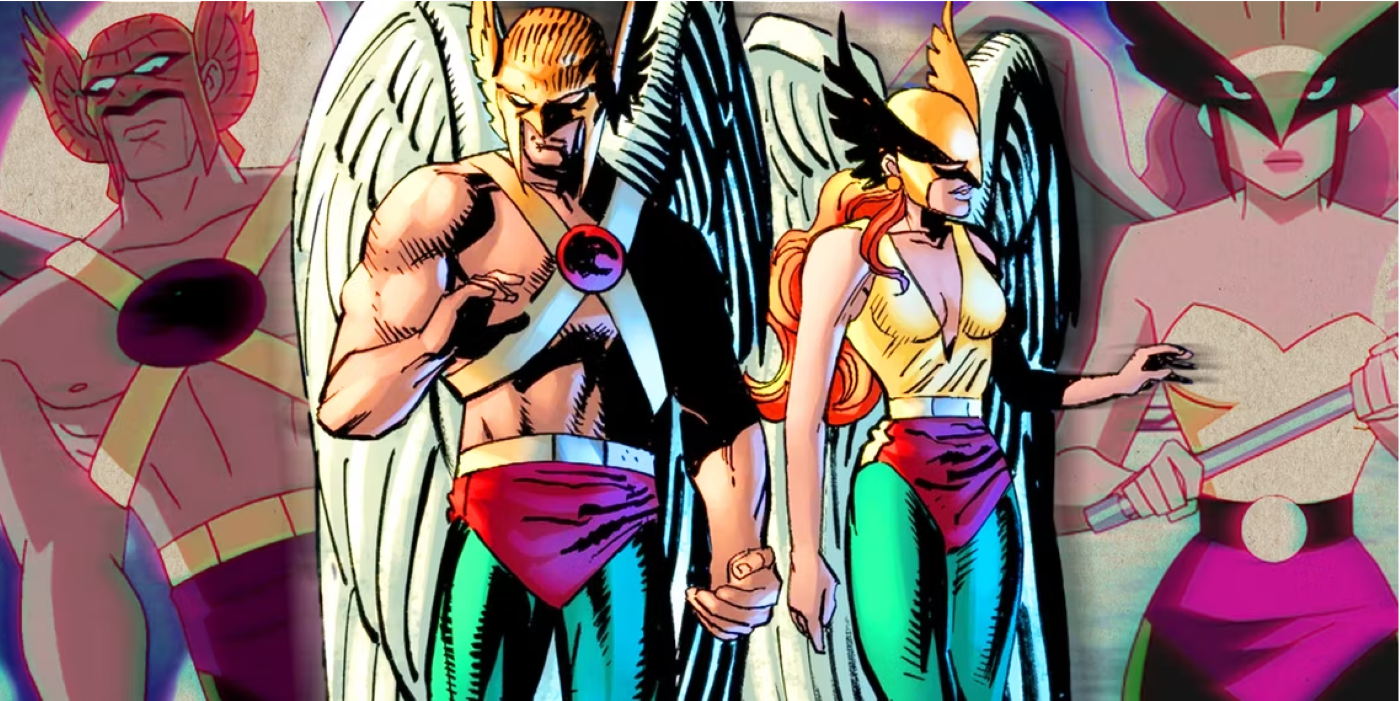Featured Image: cartoon version of Hawkman (far left) and comic book version of Hawkman (left); comic book Hawkgirl (right) and cartoon Hawkgirl (far right)