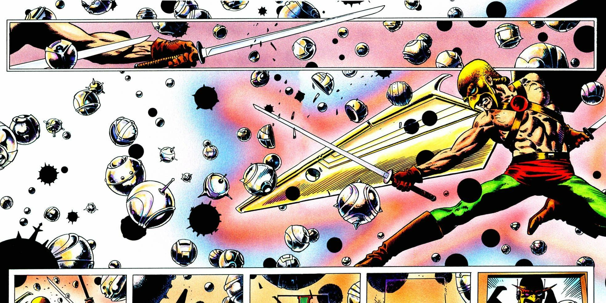 Hawkman sosteniendo una espada en el espacio en el cómic Hawkworld