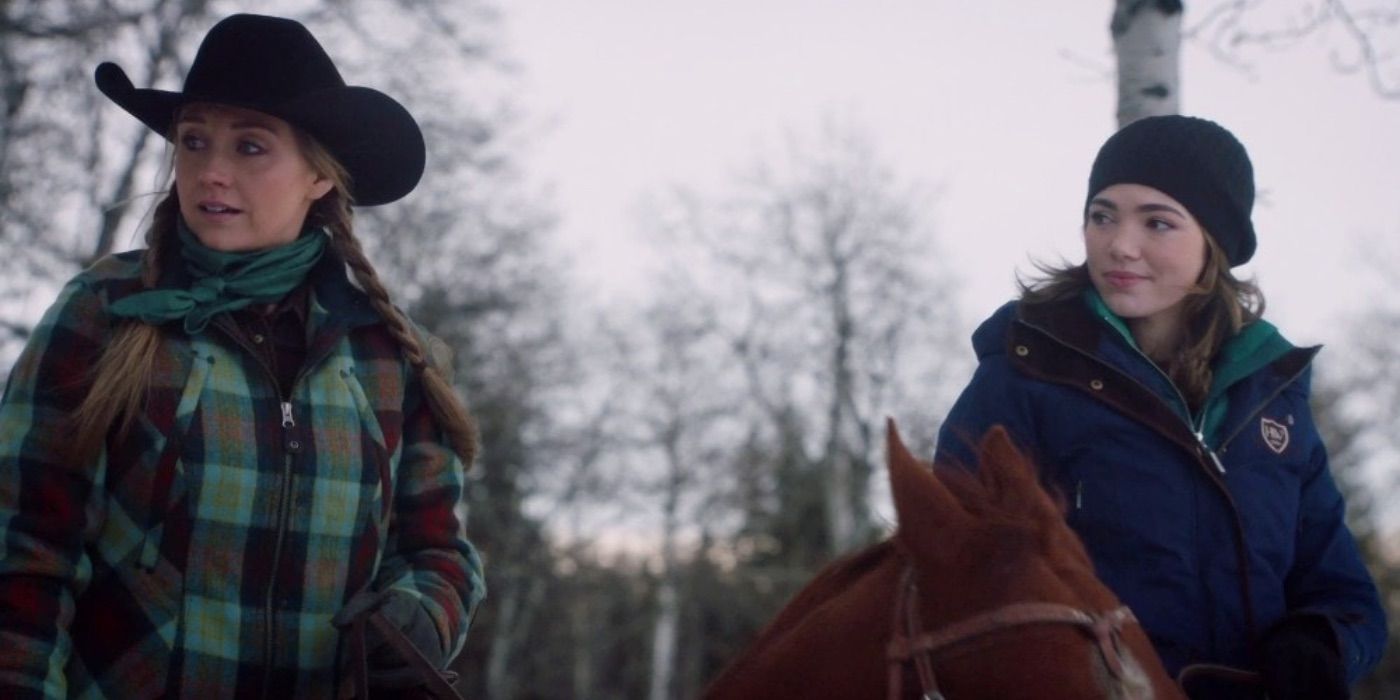Georgie and Amy ride horses in the snow in Heartland 