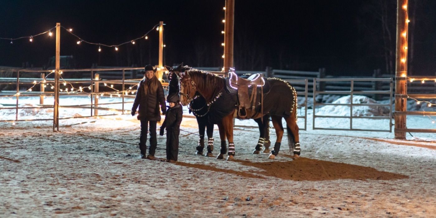 Amy and Lyndy lead horses into an arena in Heartland 