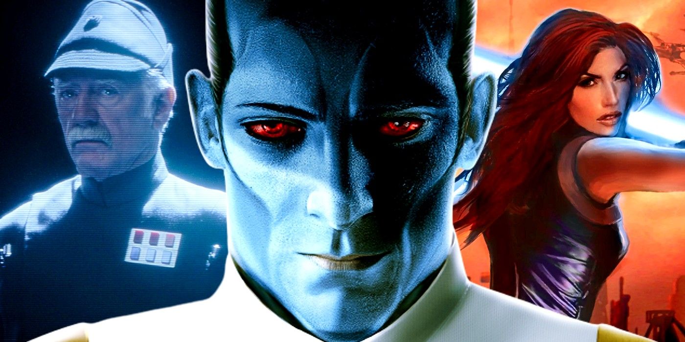 Captain Pellaeon in The Mandalorian season 3, Grand Admiral Thrawn from the cover of Star Wars: Thrawn, and Mara Jade Skywalker from the cover of Star Wars: Legacy of the Force - Sacrifice.