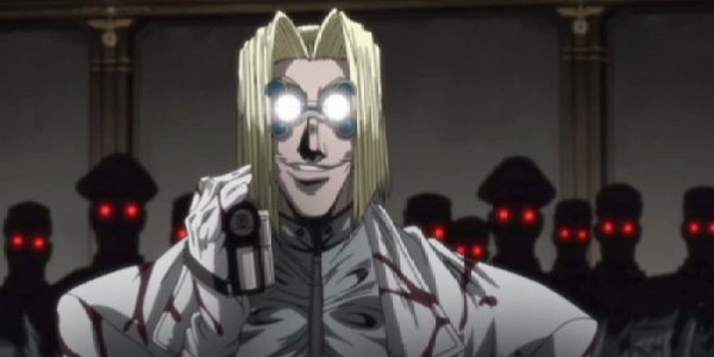 The Doctor holding up a handheld video camera with a smirk on his face, with shadowy figures in the background, in Hellsing Ultimate.