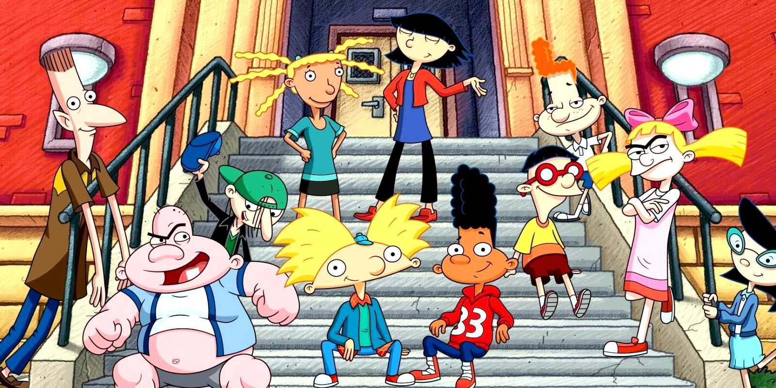 Hey Arnold characters sitting and standing on a staircase outside school.