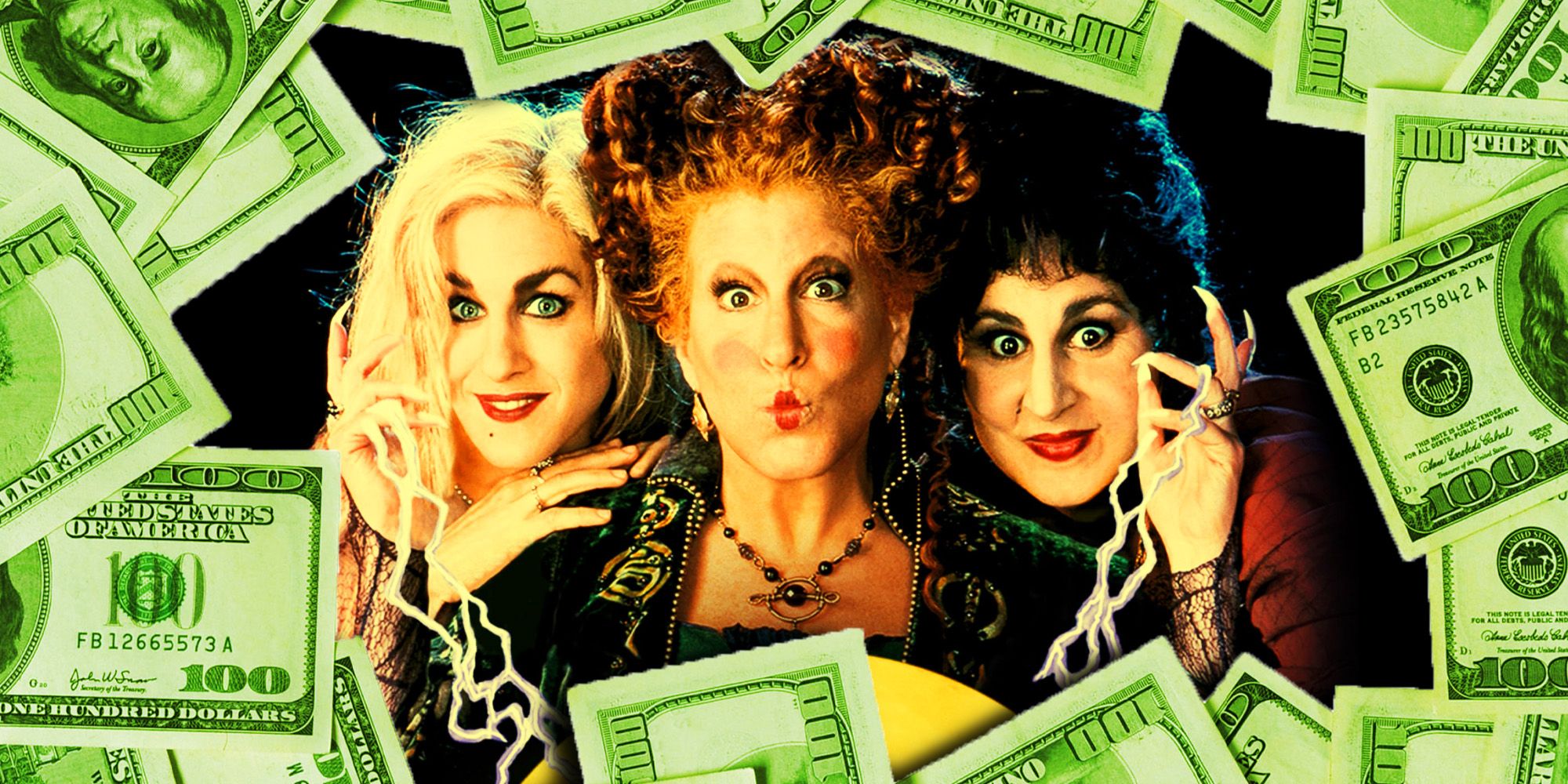 The Sanderson Sisters from Hocus Pocus surrounded by money