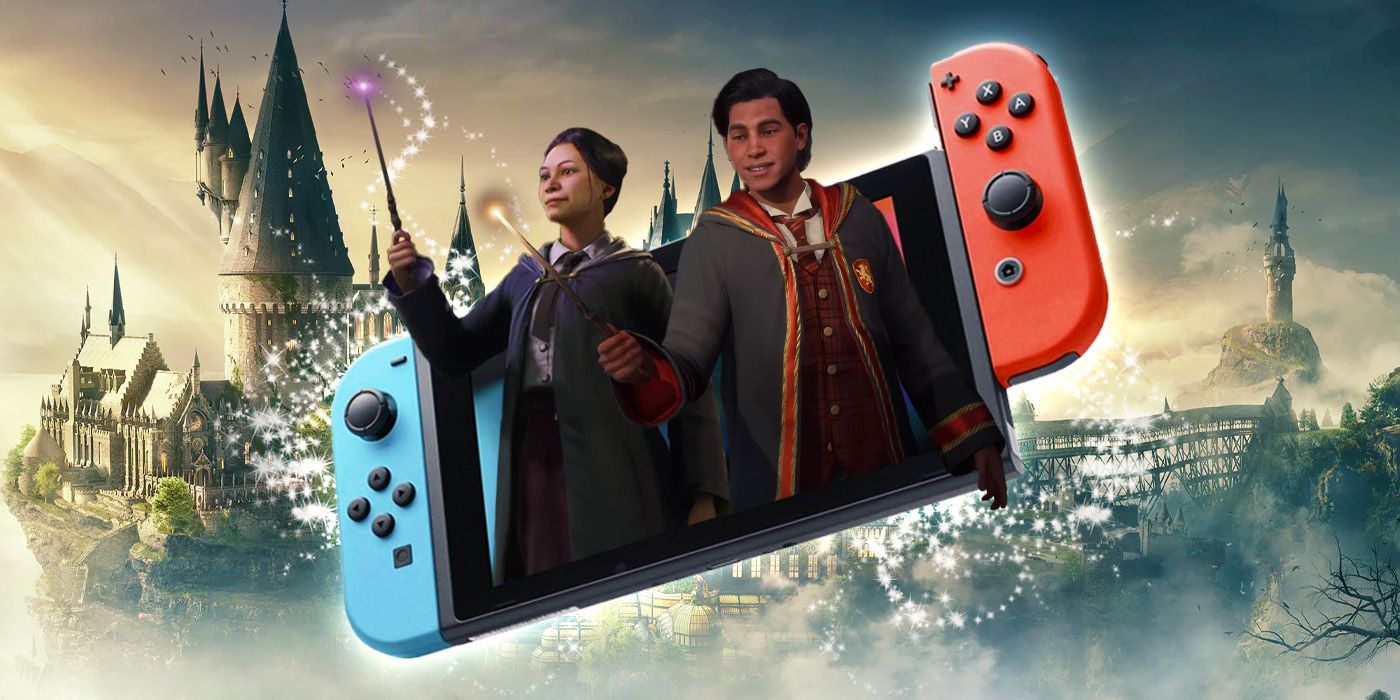 A witch and wizard bursting out of a Nintendo Switch, with Hogwarts Castle visible behind them.