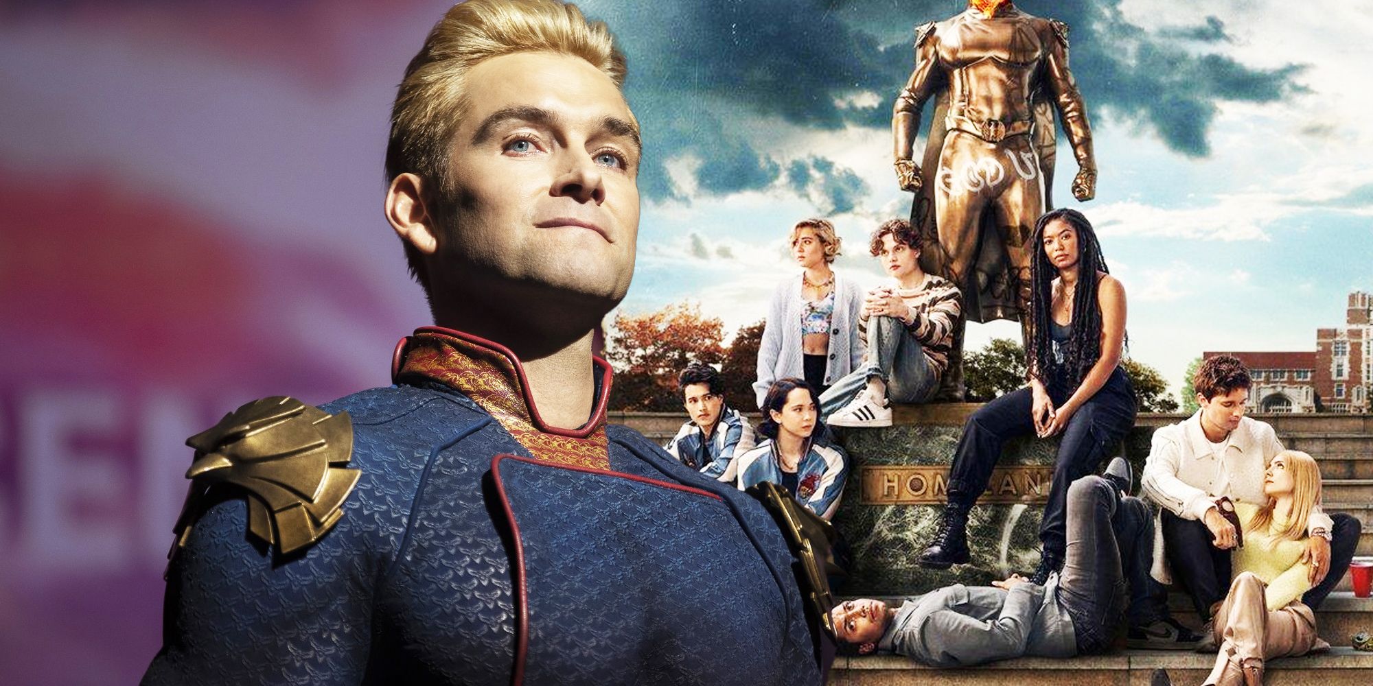 Homelander and the cast of Gen V in front of a decapitated Homelander statue