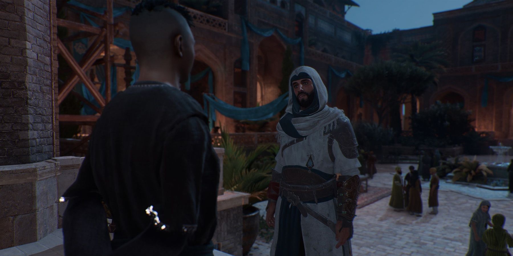 Basim speaking to a worker at the House of Wisdom to glean information in Assassin's Creed Mirage.