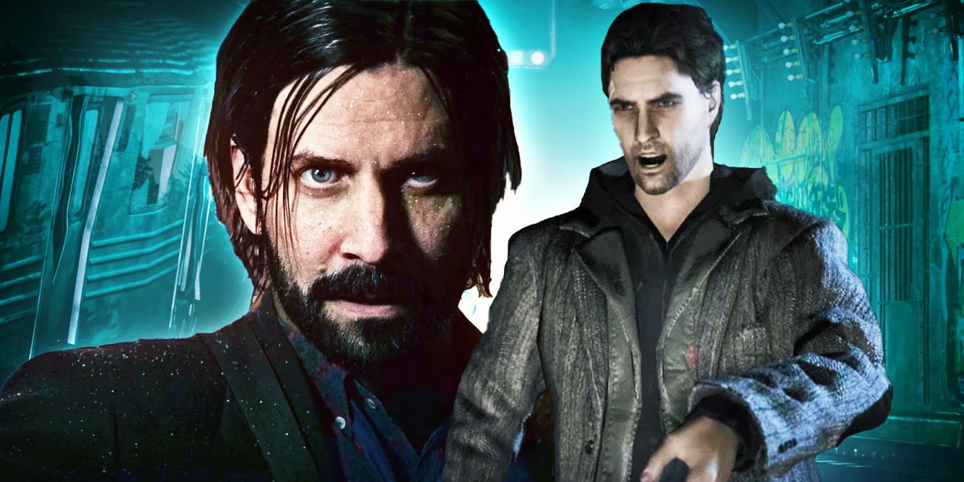 Alan Wake with long hair in Alan Wake 2 next to his character from the first game.