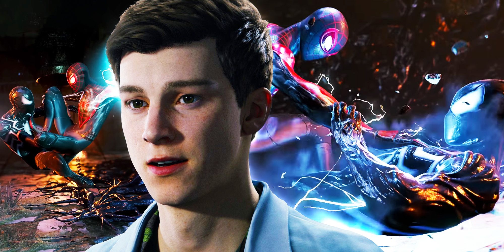 Peter with Miles and Venom fighting in the background in Marvel’s Spider-Man 2