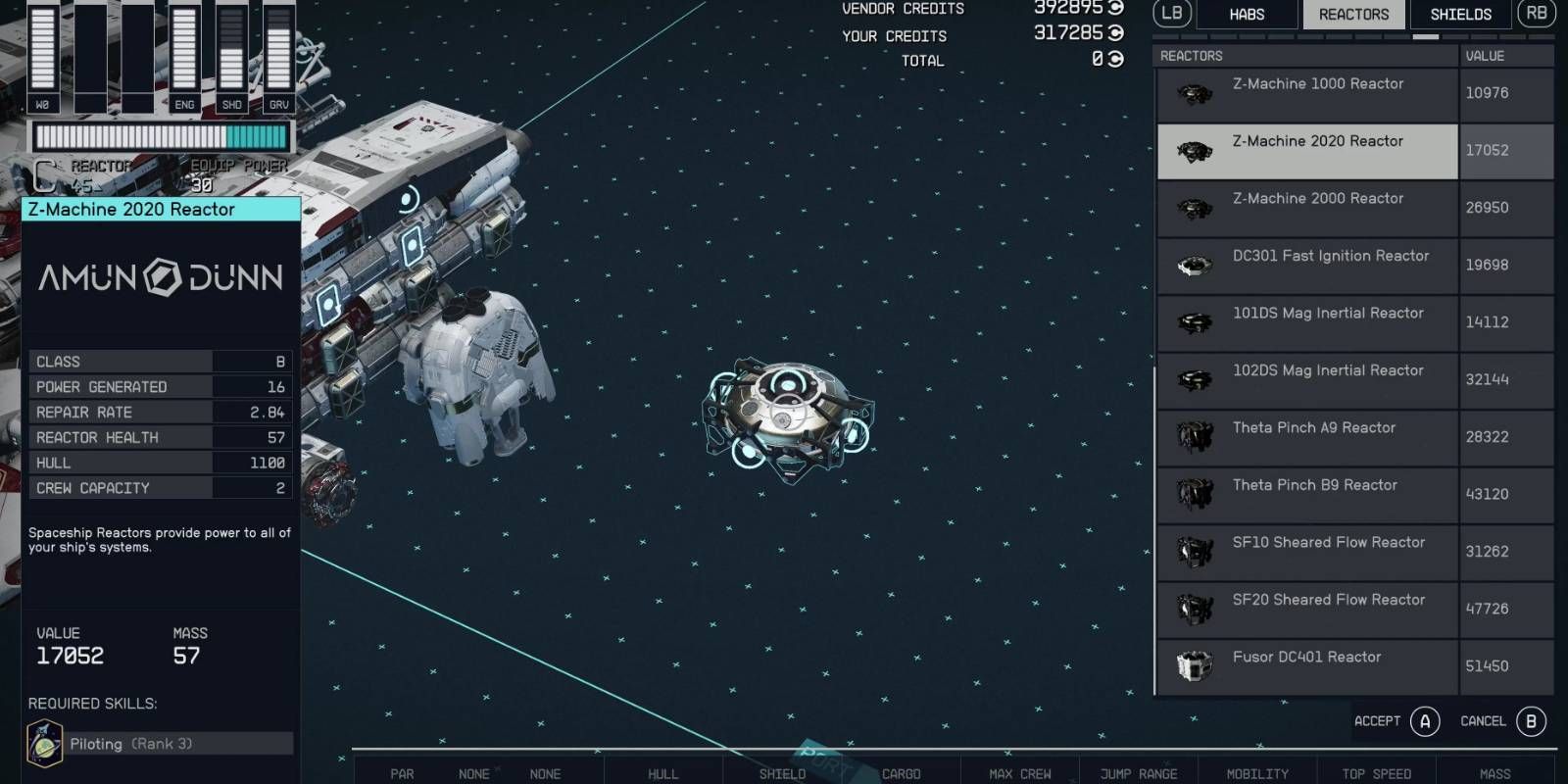 Starfield Z-Machine 2020 B-Class Reactor with Stats Displayed