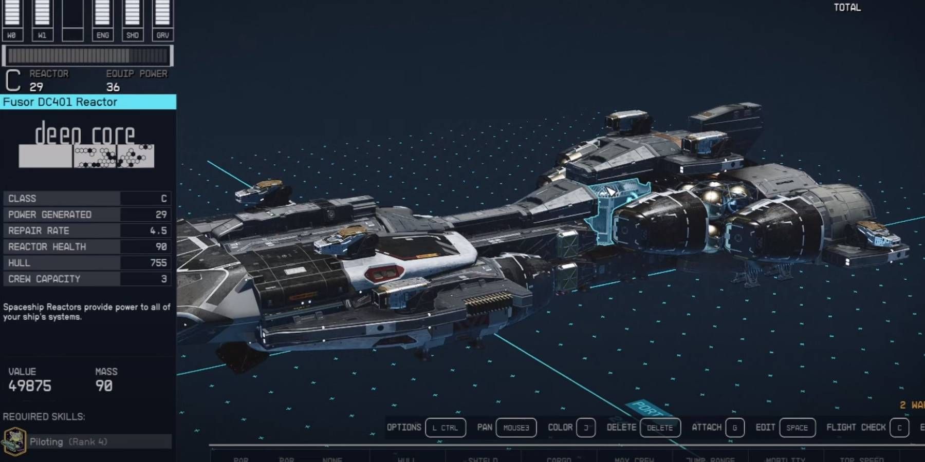 Starfield Fusor DC401 C-Class Reactor with Stats and Requirement Displayed