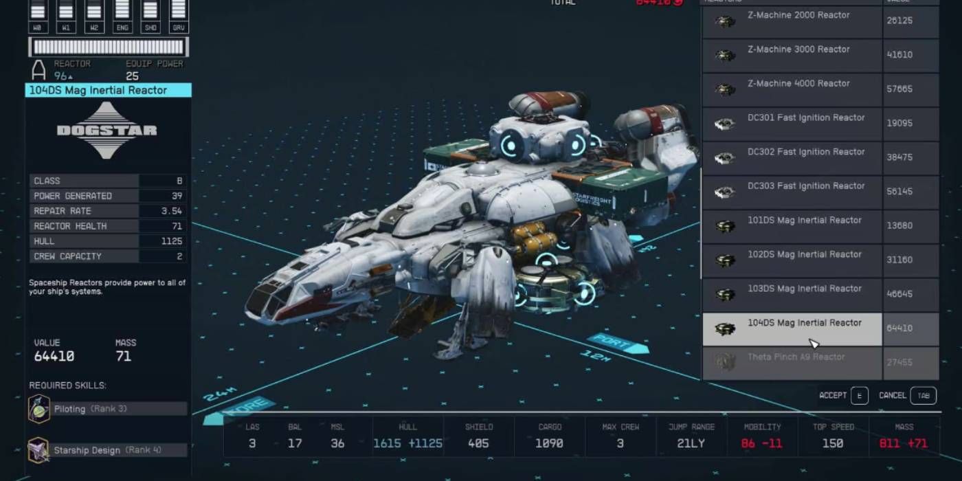 Starfield 104DS Mag Inertial B-Class Reactor with Stats and Requirements Displayed