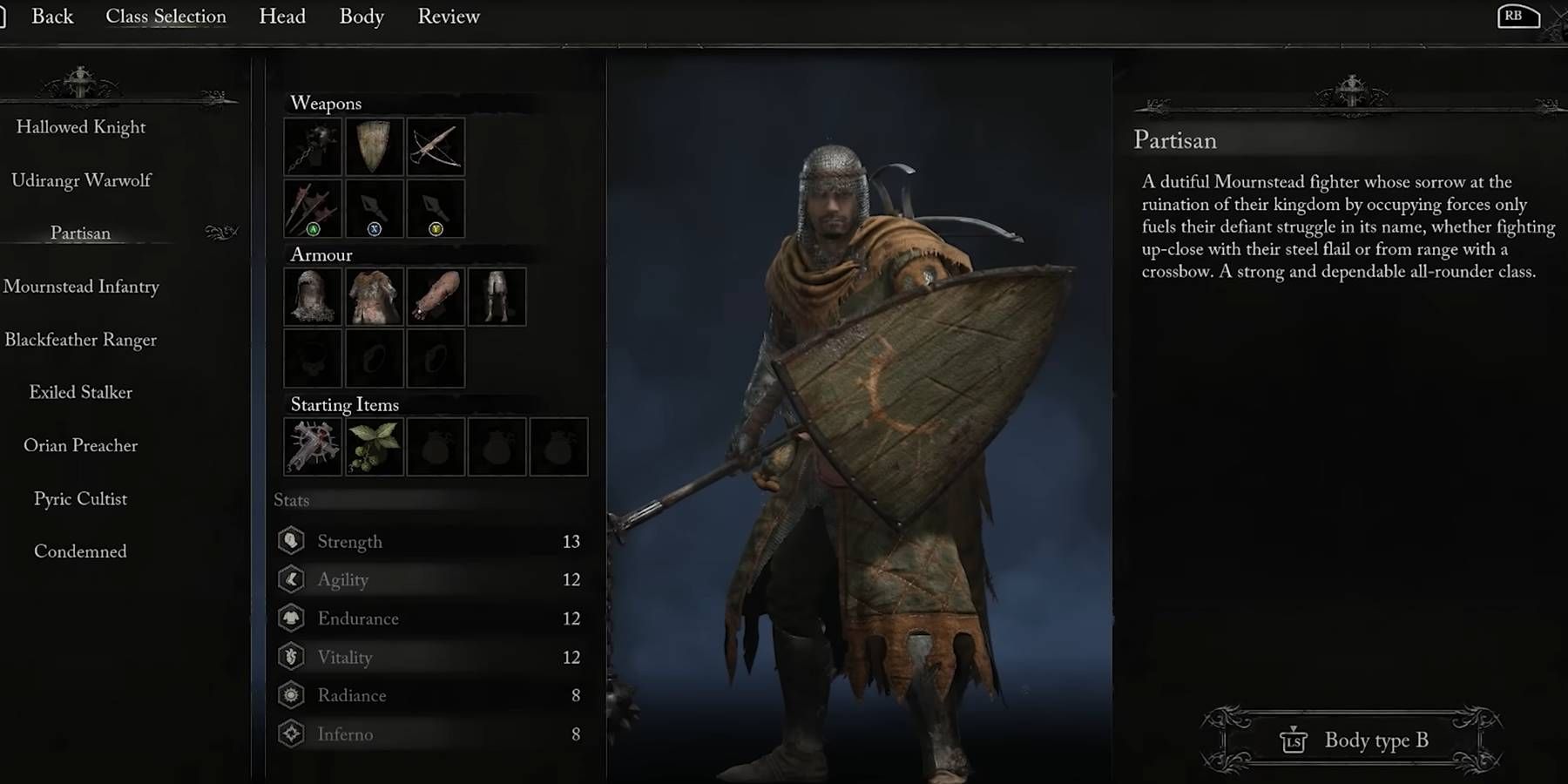 Lords of The Fallen Partisan Class from Character Select with Starting Attributes Displayed