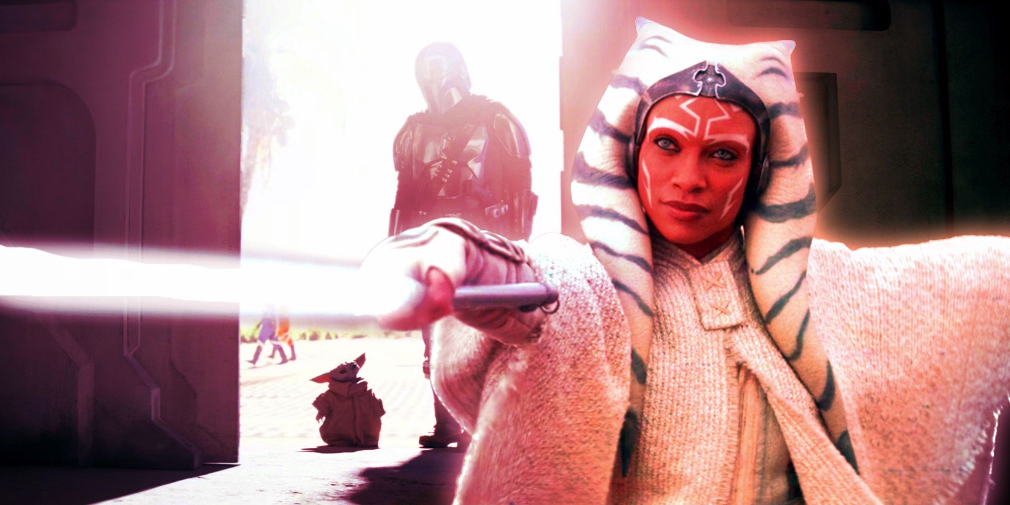 Ahsoka Tano in wielding her sabers in the foreground, Din and Grogu enter Adelphi in the background.