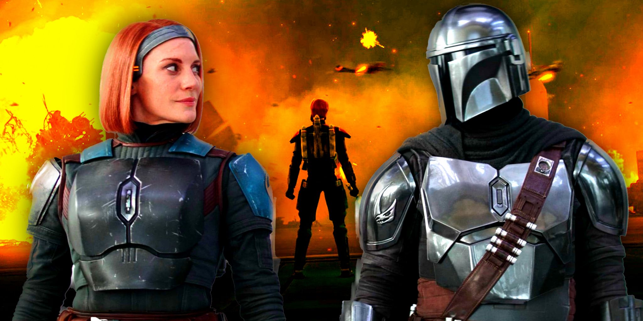 Bo-Katan Kryze and Din Djarin from The Mandalorian in the foreground; Obi-Wan at the Mandalorian Civil War in the background
