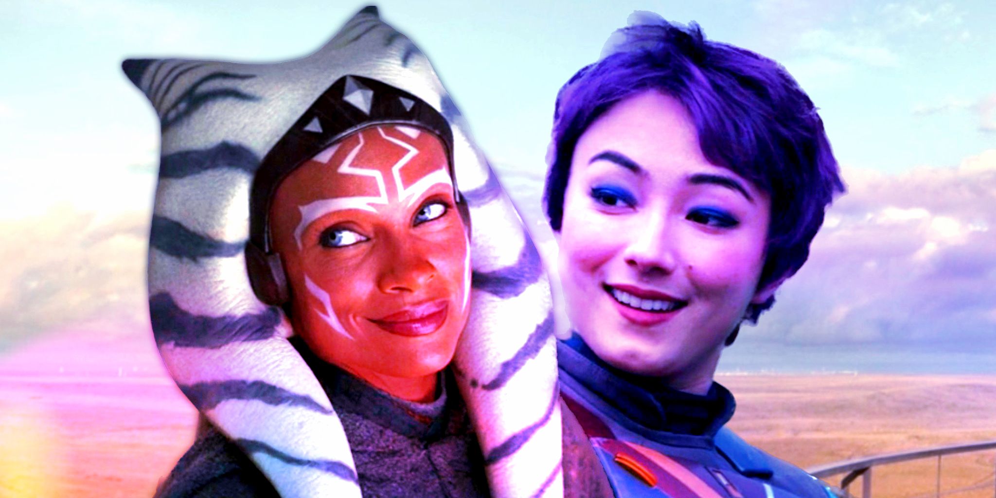 Sabine and Ahsoka smile in the foreground with live-action Lothal in the background.