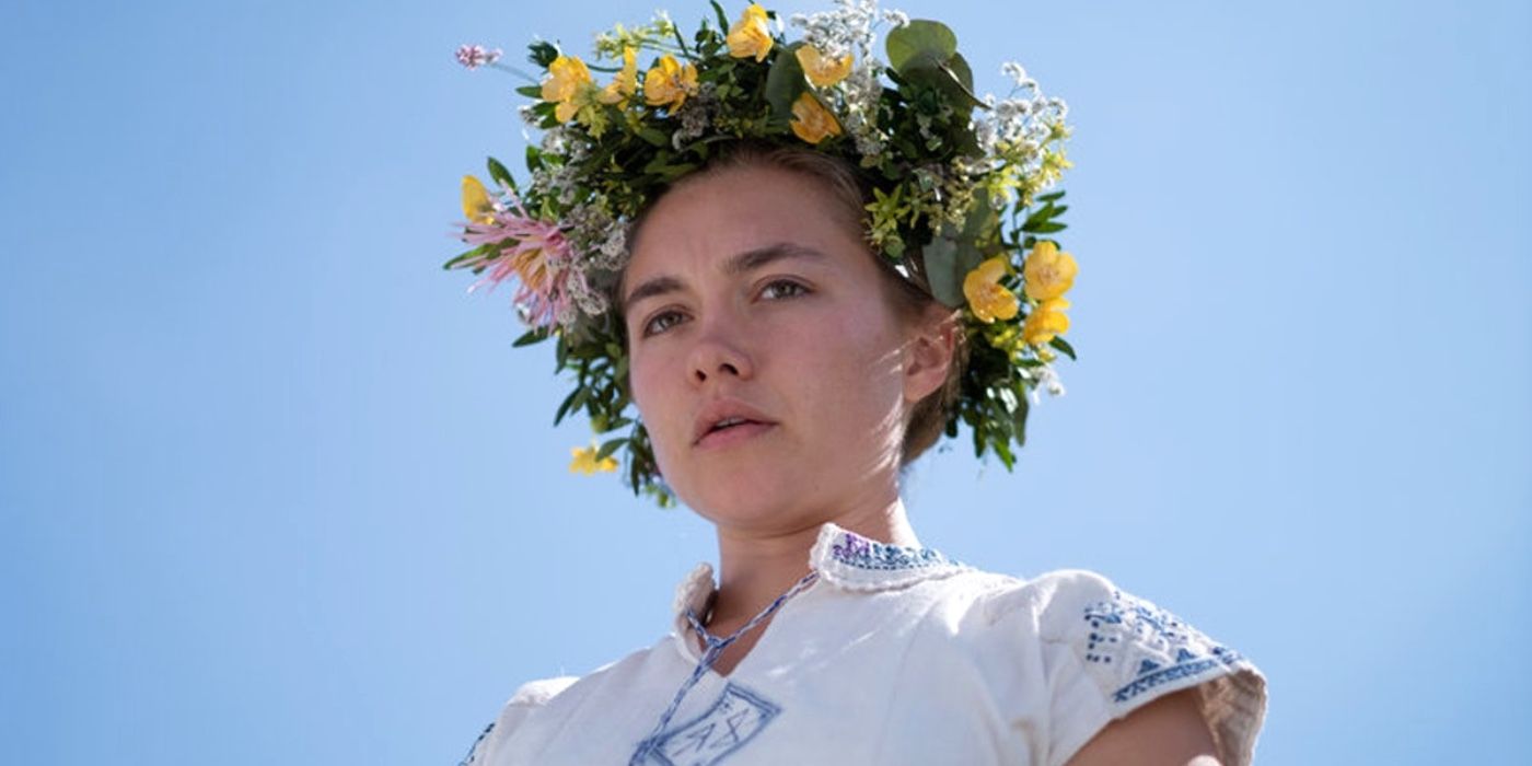 Dani (Florence Pugh) with a flower crown on her head in Midsommar.