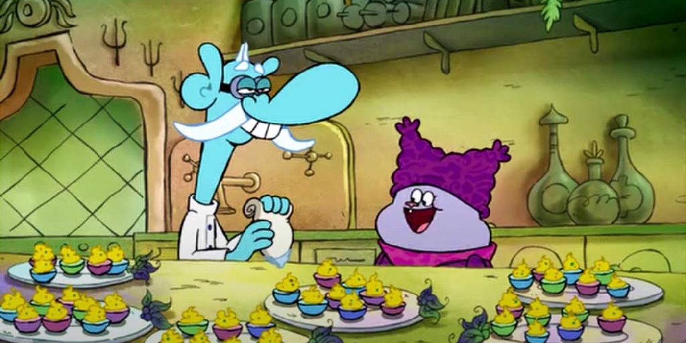 Chowder and Mung Daal with plates of deviled eggs in front of them in Chowder. 